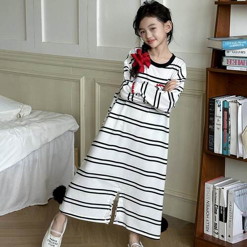 女童夏装睡衣2024新款洋气时髦夏季可爱条纹睡裙长款家居服连体衣