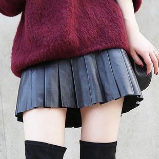 pu小皮裙a字裙显瘦短款女黑色半身裙个性新款秋冬大码百褶裙bm