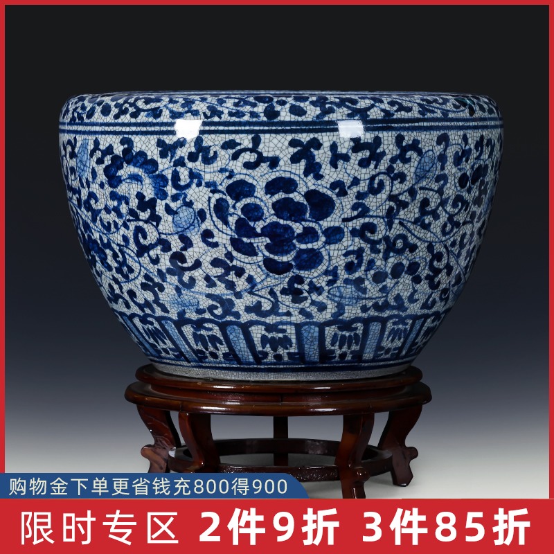 景德镇陶瓷鱼缸手绘青花瓷仿古养鱼盆圆形大号复古客厅摆件睡莲盆