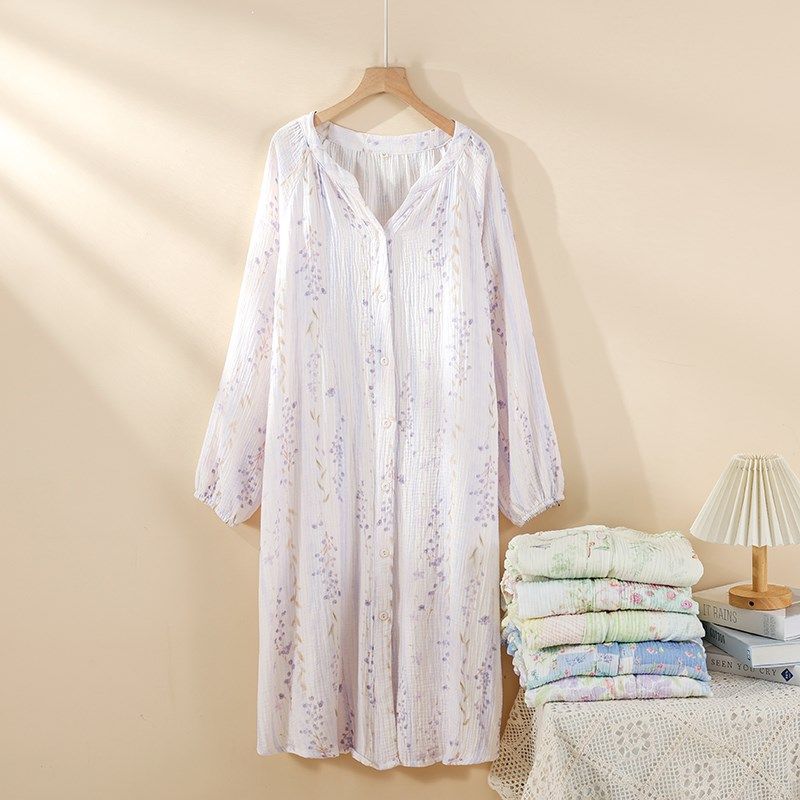 双层纯棉纱布睡裙女长袖春秋夏季全棉薄款浴袍大码宽松睡衣家居服,女士内衣/男士内衣/家居服,睡裙,淘宝优惠券,粉丝福利购,淘宝优惠卷