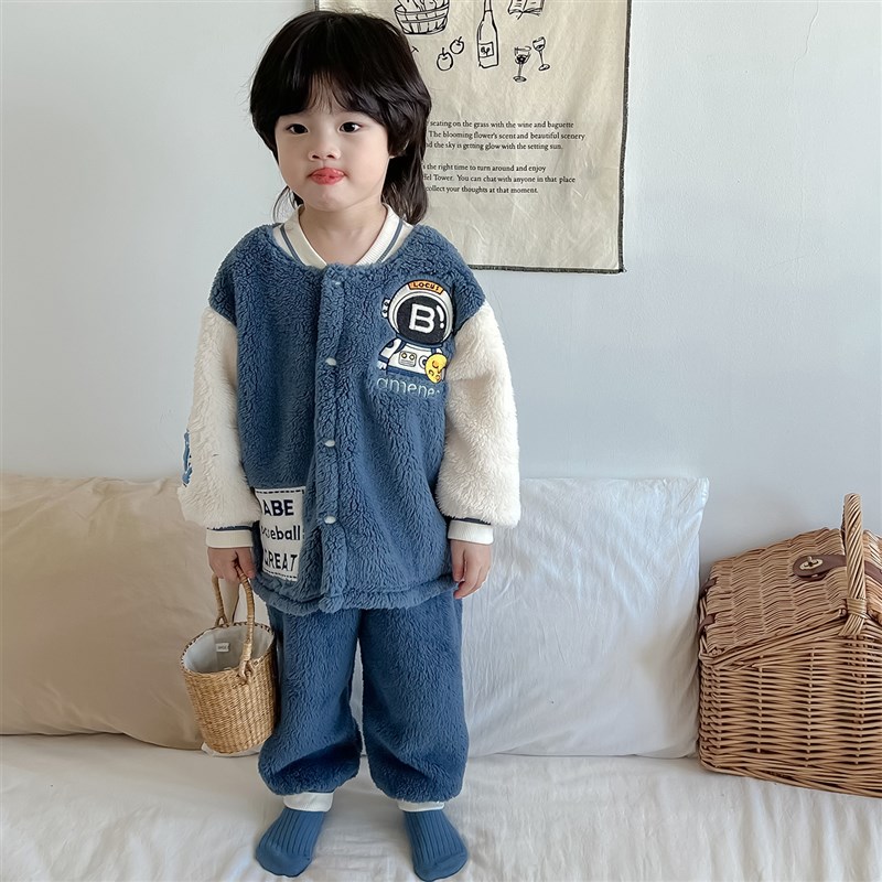 儿童睡衣男童加厚珊瑚绒套装冬款男女孩2023新款秋冬防静电家居服
