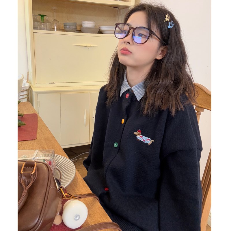 大码女装胖mm学院风翻领条纹衬衫彩色纽扣开衫针织毛衣外套两件套