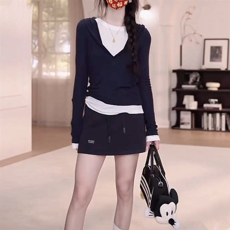 早春休闲时尚搭配一整套女假两件撞色连帽长袖上衣半身裙裤两件套,女装/女士精品,时尚套装,淘宝优惠券,粉丝福利购,淘宝优惠卷