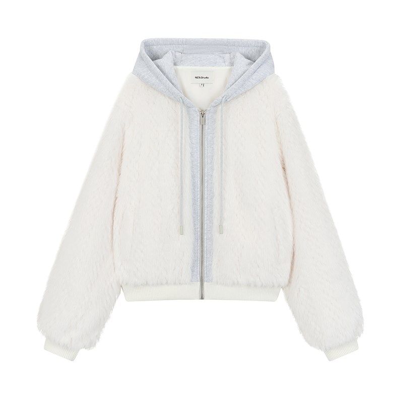 NS76 冬季新款环保皮草冬保暖假两件连帽针织拼接女宽松拉链外套