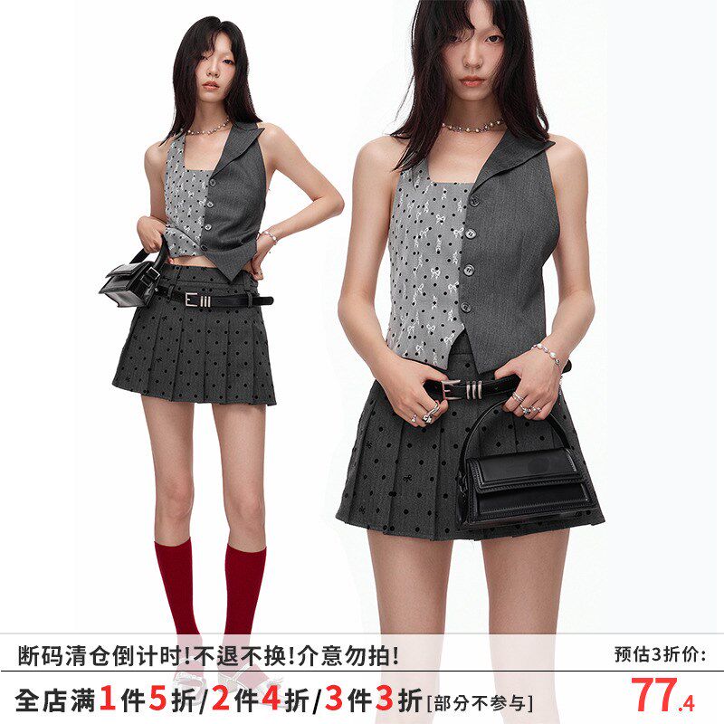 SUMIYAKI 27 拼接波点V领挂脖吊带西装马甲背心无袖上衣上装女