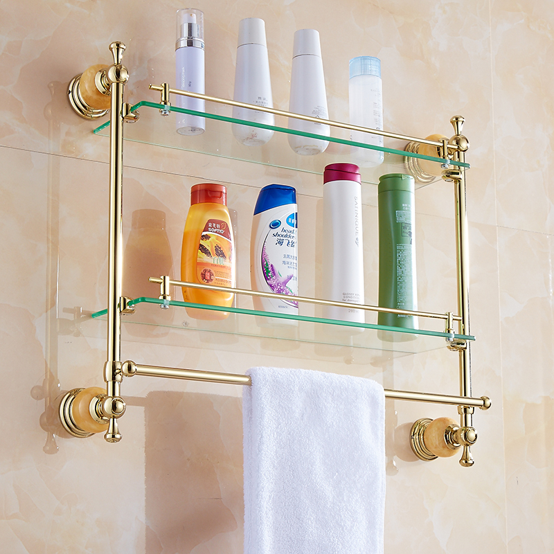 不锈钢卫生间玻璃置物架金色洗澡间置物架浴室欧式双层化妆品架