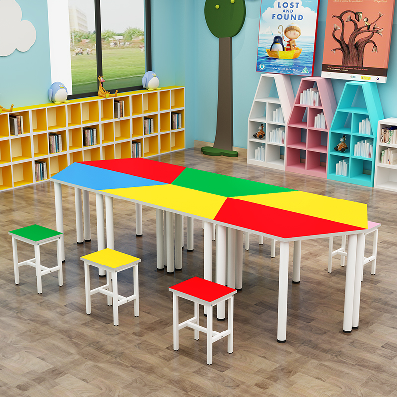 学生辅导培训课桌椅彩色梯形桌多边形六角拼接桌少儿美术绘画桌椅