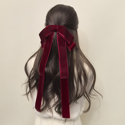 超大号酒红色丝绒蝴蝶结发夹