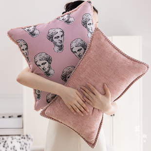 ins粉色多巴胺家居布艺靠枕套少女风印花抱枕羊羔毛亲肤双面靠包