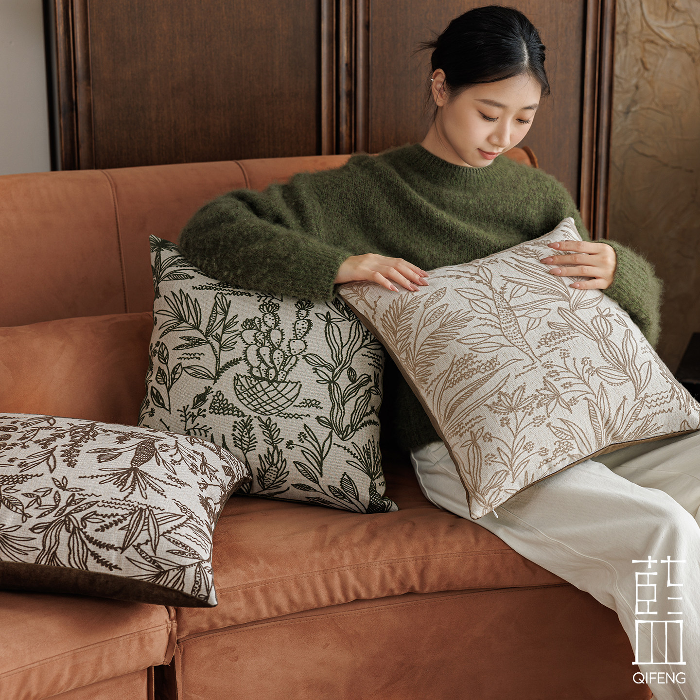 中古绿色植物花卉抱枕套客厅沙发靠垫植韵咖色方形枕套客厅靠枕,居家布艺,靠垫/抱枕,淘宝优惠券,粉丝福利购,淘宝优惠卷