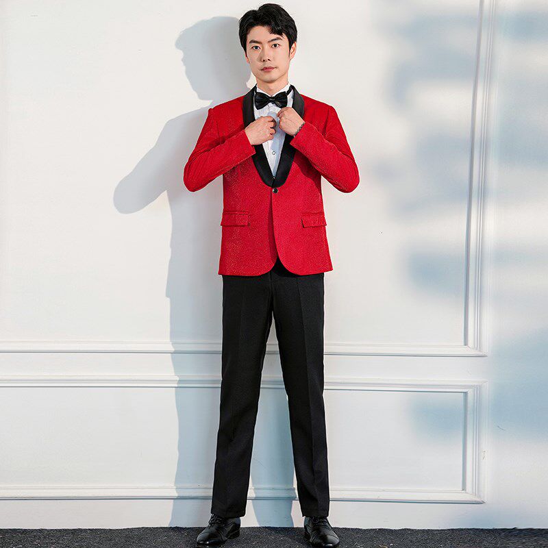 极速红色男装西装套装大合唱团演出服主持人红歌司仪表演舞台艺考