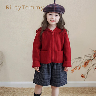 英国Riley Tommy男女童红色连帽毛衣开衫儿童百搭带毛球针织外套