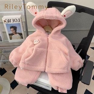 英国Riley Tommy秋冬季女童连帽加厚冬装羊羔绒加绒外套裤子套装
