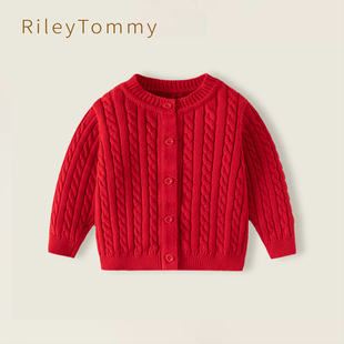 英国Riley Tommy红色毛衣新款男女童宝宝a类纯棉加厚麻花针织开衫