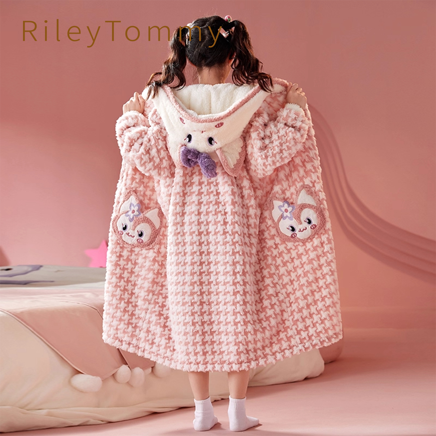 英国Riley Tommy女童睡袍秋冬珊瑚绒加厚浴袍冬季法兰绒儿童睡衣