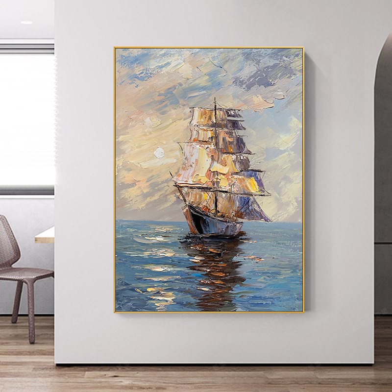 好货手绘油画日出帆船玄关背景墙装饰画现代餐厅客厅挂画书房酒店