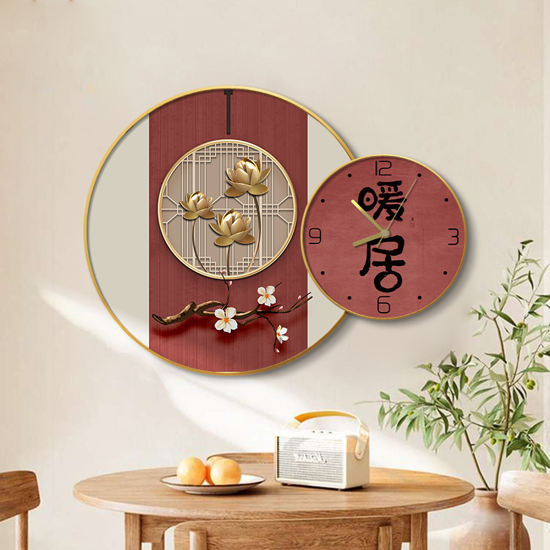 餐厅装饰画新中式餐桌墙面挂画饭厅夕厅背景墙壁画圆形花卉钟表画图片