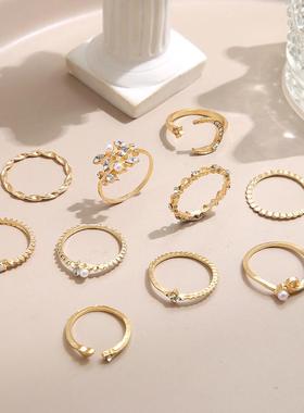 10 Piece Set Star Moon ring diamond heart pearl leaf 戒指女