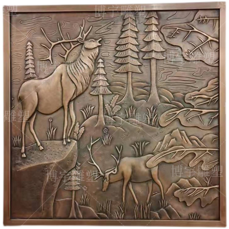 极速铜浮雕苍小路壁画背景墙锻铜瑞兽动物雕塑浮雕画紫铜黄铜装饰图片
