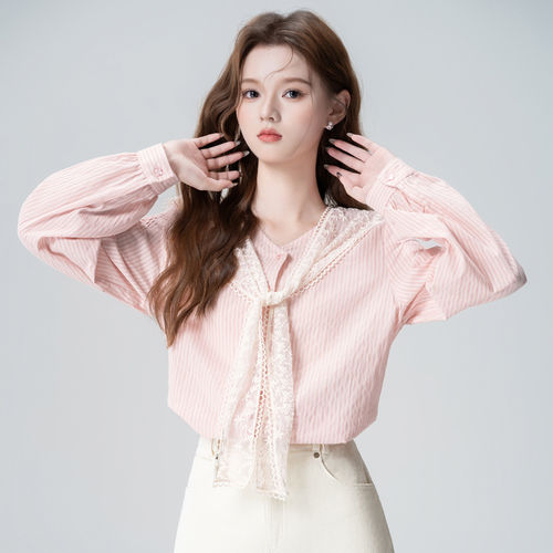 法式粉色条纹长袖衬衫女