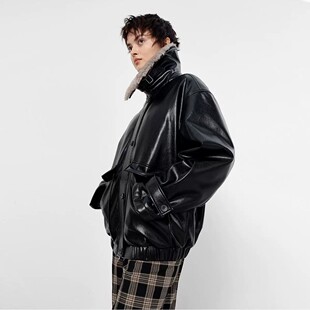 AITU短款PU羽绒服女可拆卸毛领复古皮衣宽松24秋冬