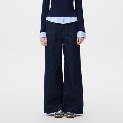 复古高腰阔腿显瘦深蓝牛仔裤女