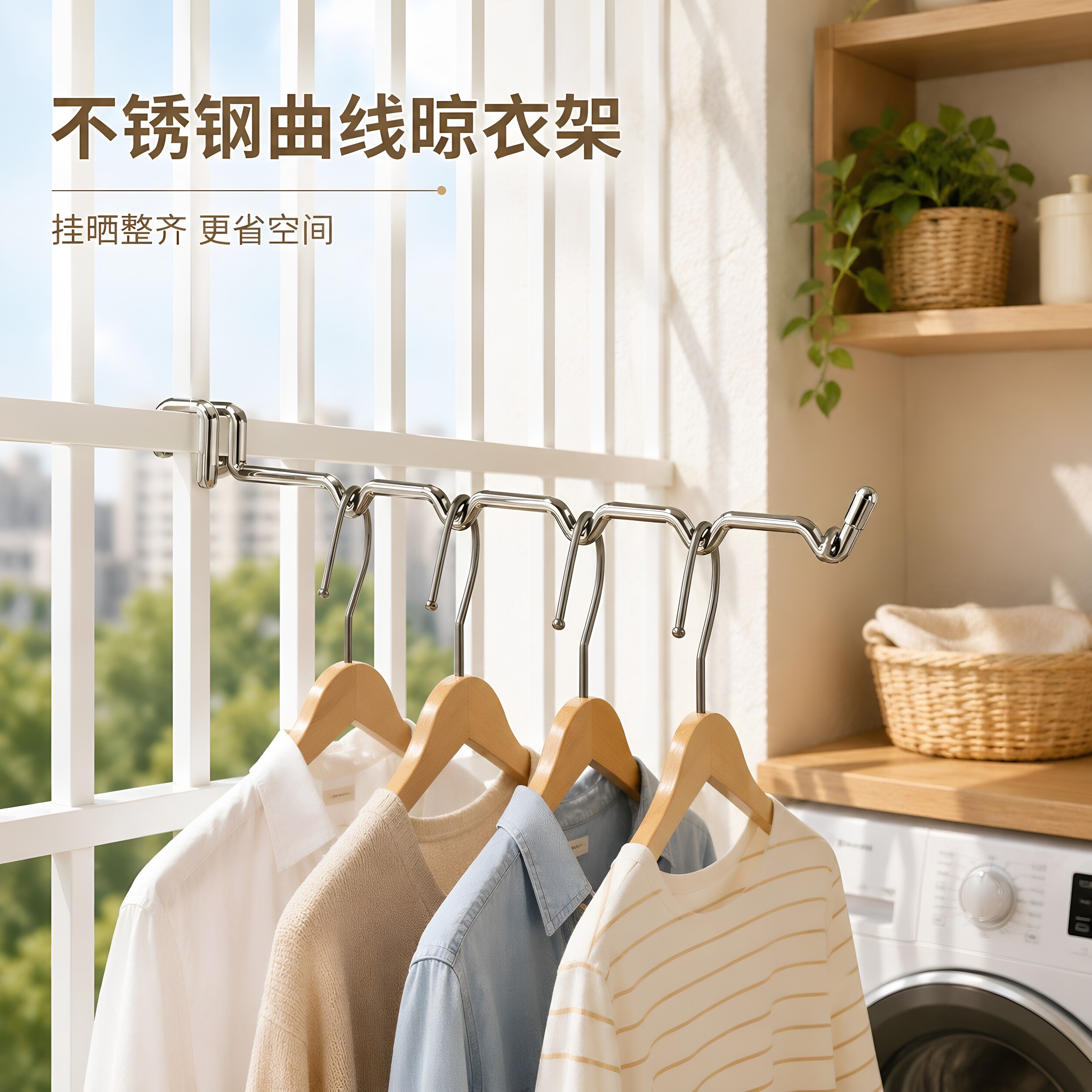新款阳台晾衣神器不锈钢护栏晾衣架宿舍挂衣服防盗窗专用晾衣挂钩图片