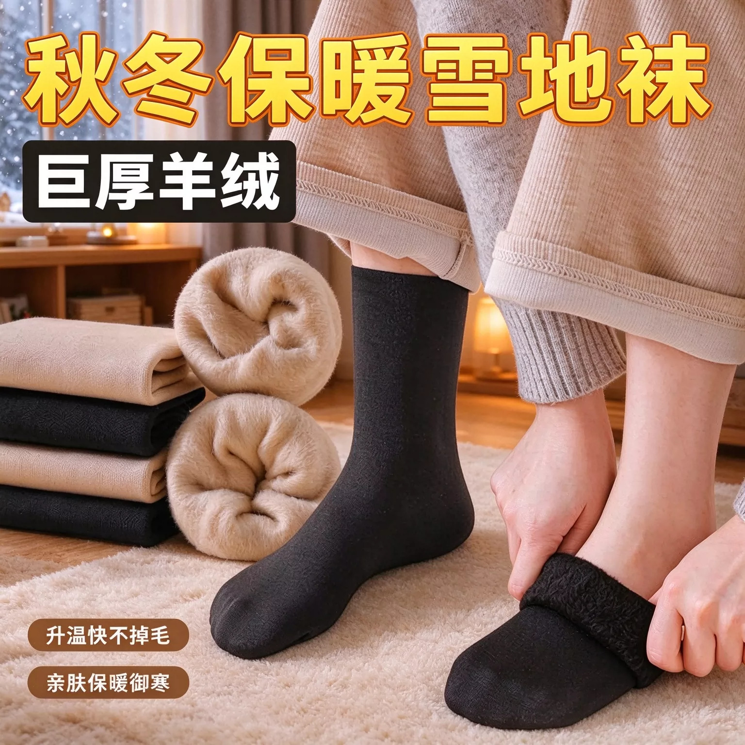 冬季加绒保暖防冻中筒雪地袜