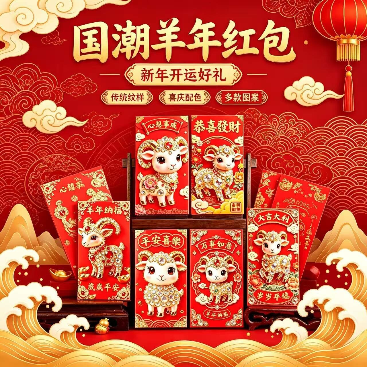 高颜值新款2027羊年新年红包高档彩印立体视觉钻石小羊创意利是封