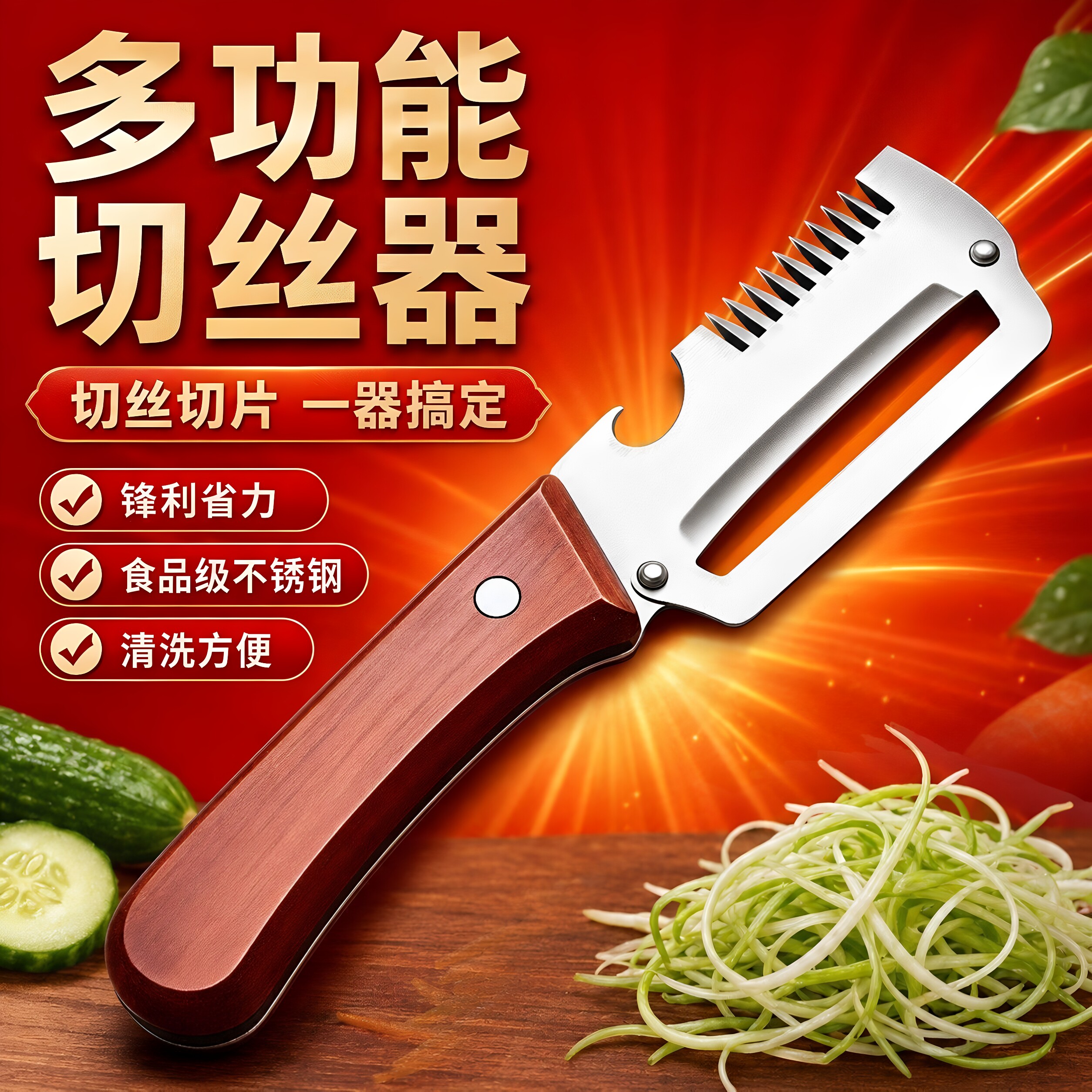 三合一多功能切葱器削皮器不锈钢锋利仿木柄厨房切丝工具削皮刀果