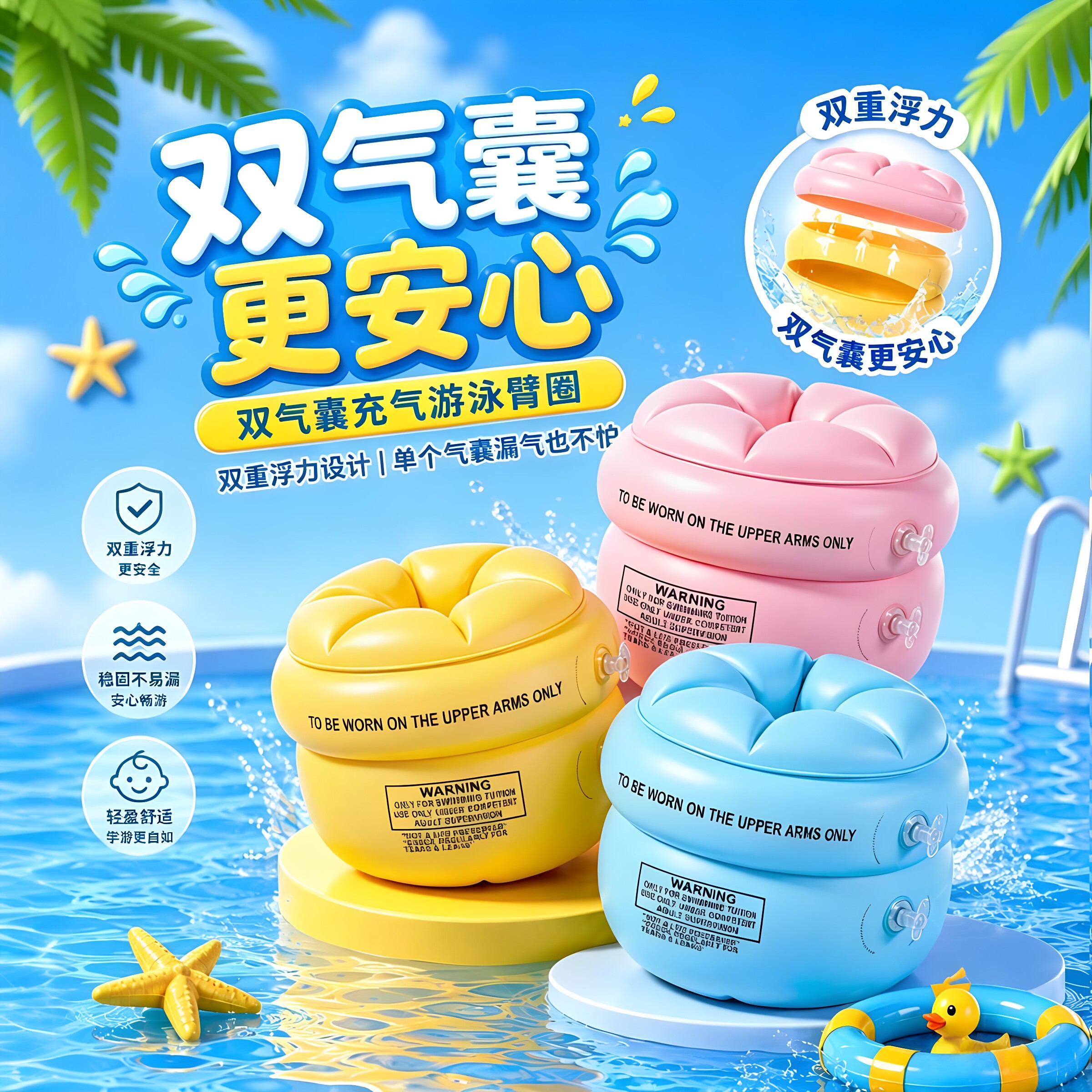 成人儿童游泳手臂圈学游泳装备水袖气囊男女宝宝浮袖漂浮神器臂圈