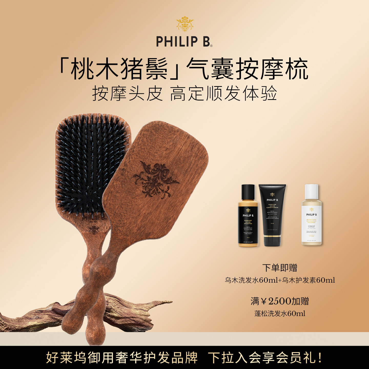 美国Philip B裴利毕桃木猪鬓高级美发梳蓬松护发按摩头皮气垫梳子