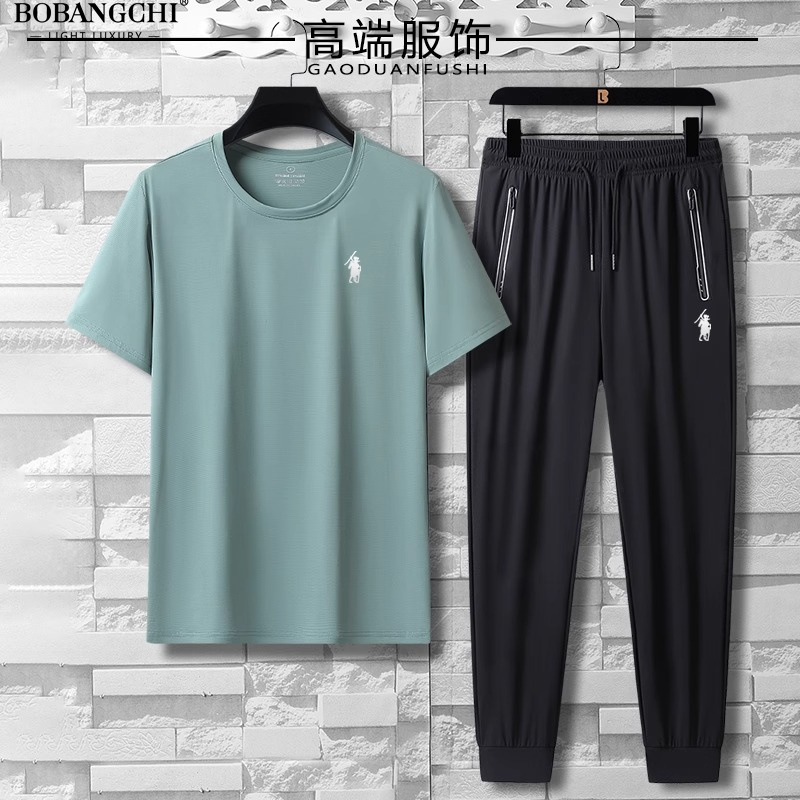 高端冰丝休闲运动套装男2025年夏季新款时尚潮流翻领短袖两件套潮