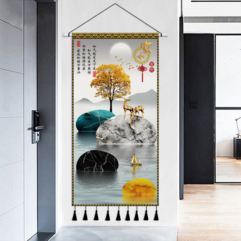 现代简约布艺挂画麋鹿招财玄关挂毯客厅背景墙装饰画山水布画挂布图片