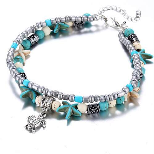 好货Fashion Double Anklet Conch Starfish Rice Beads Yoga Bea