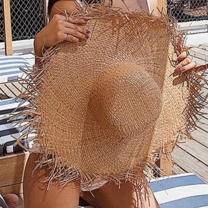 速发海边度折超大檐遮防晒草帽毛滩可假叠沙边草编