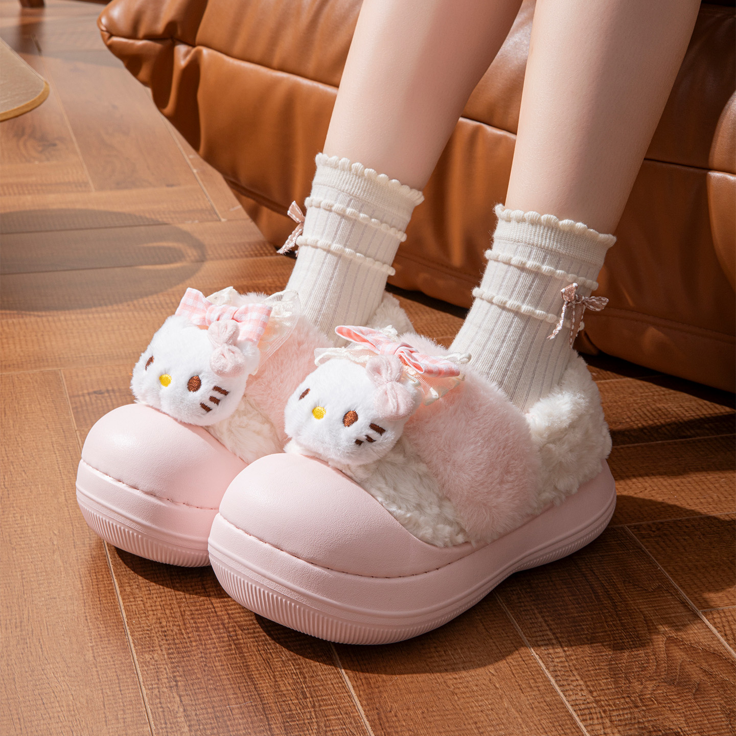 kt猫包跟棉拖鞋女冬季可爱蝴蝶结