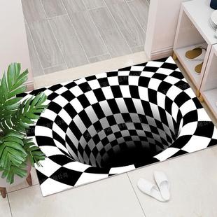 跨境3D眩晕地毯图案卧室客厅茶几地毯黑白陷井地垫厂家直供可