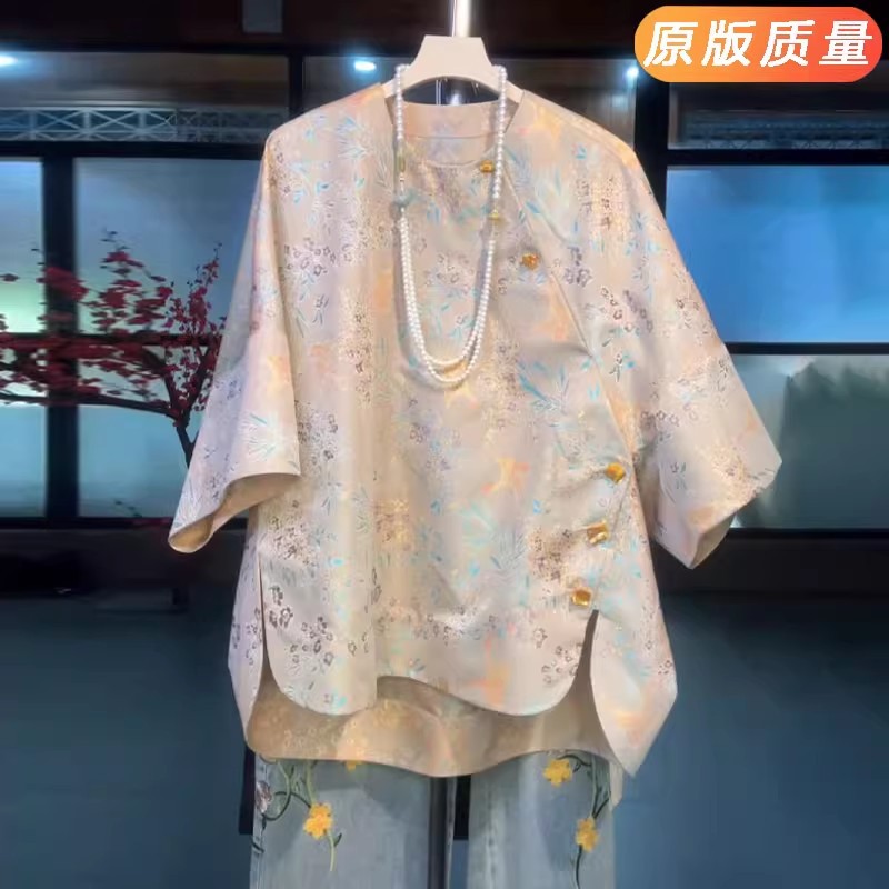 香云纱花萝真丝上衣提花新中式国风小衫夏季改良宋锦桑蚕丝衬衫女图片