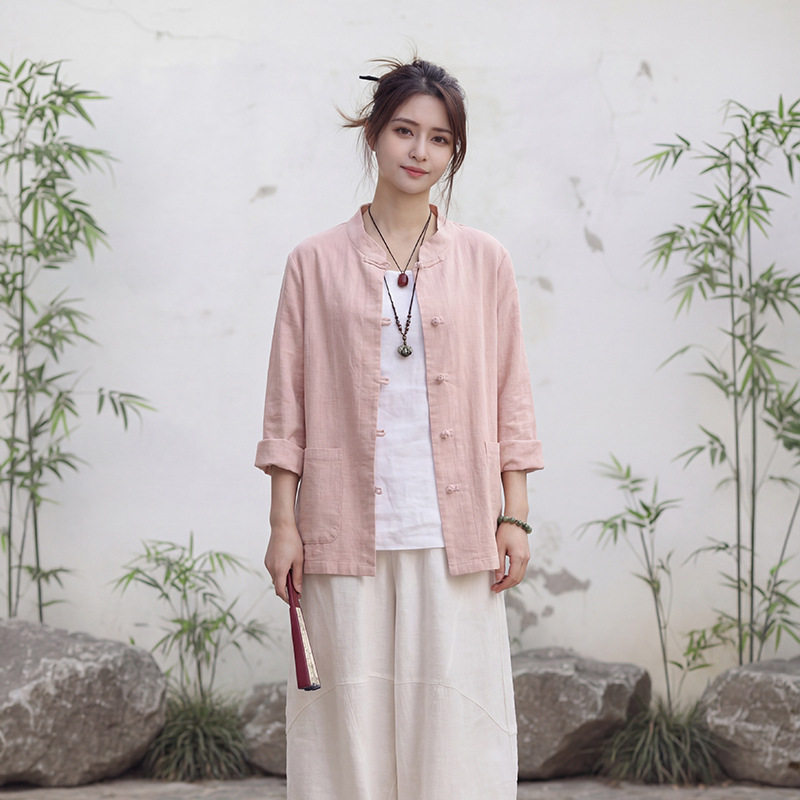 原创国风棉麻女装盘扣上衣2026秋季新款新中式开衫晨练禅茶服衬衫图片