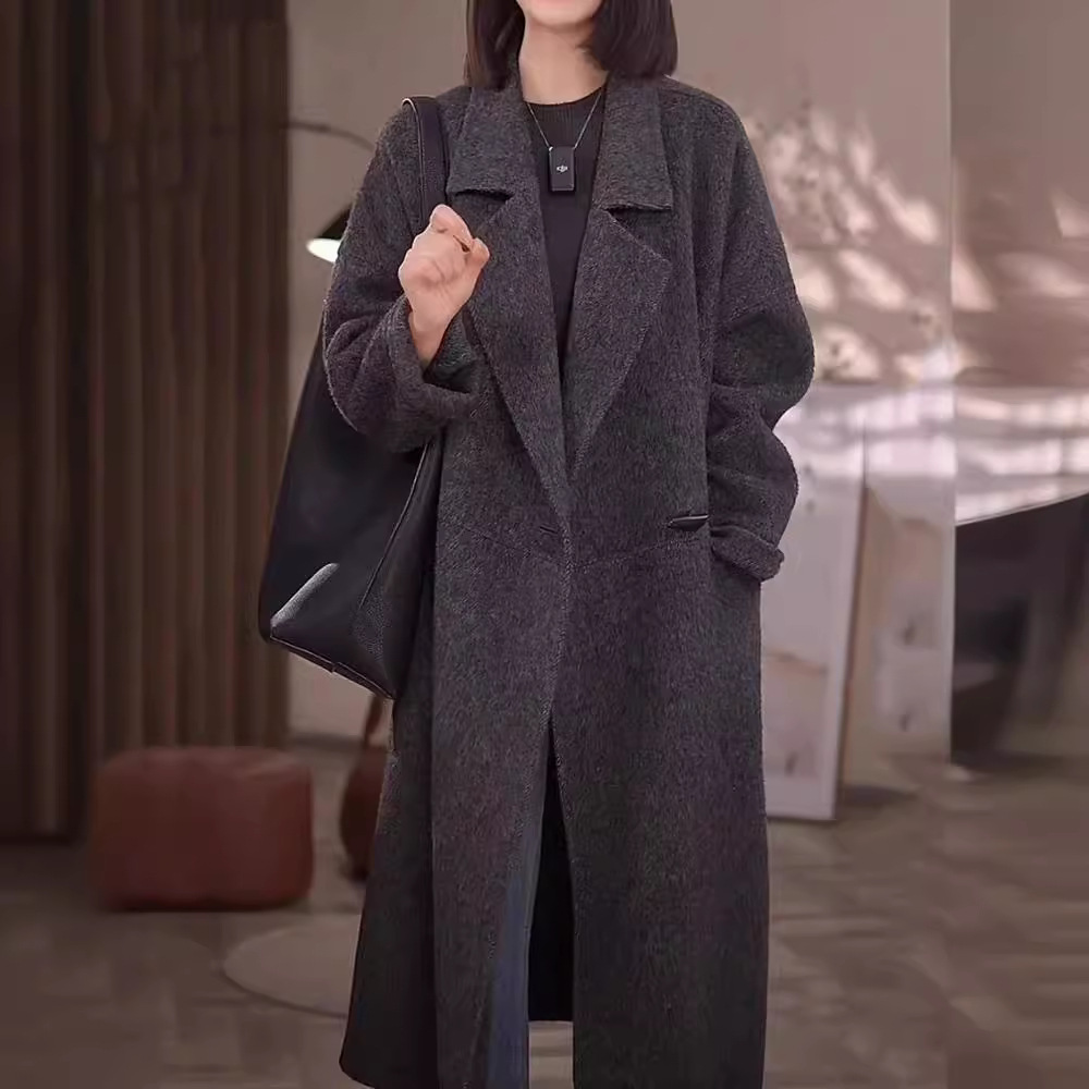 双面呢羊绒大衣女中长款西装领秋冬季新款宽松慵懒风茧毛呢外套