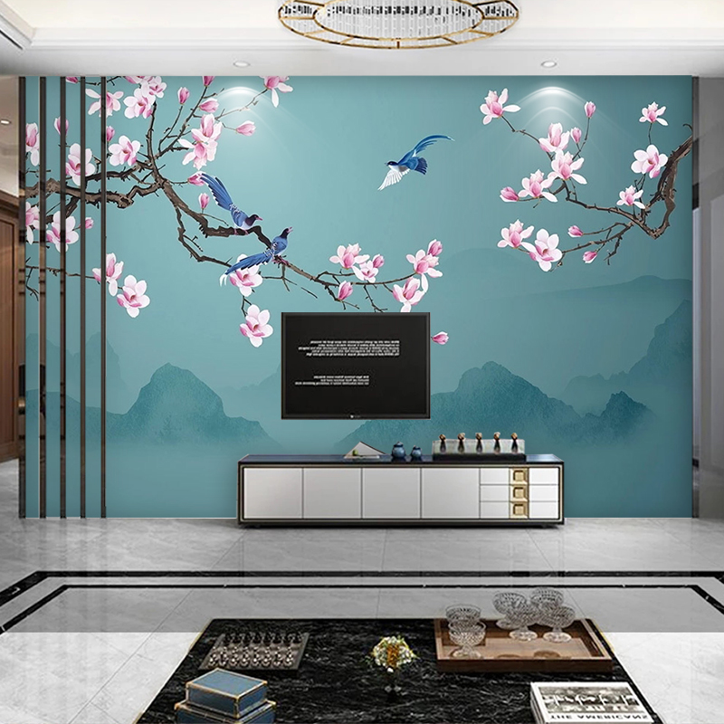 2022中式花鸟电视背景墙纸8d立体高端装饰画客厅卧室墙布茶室无缝图片