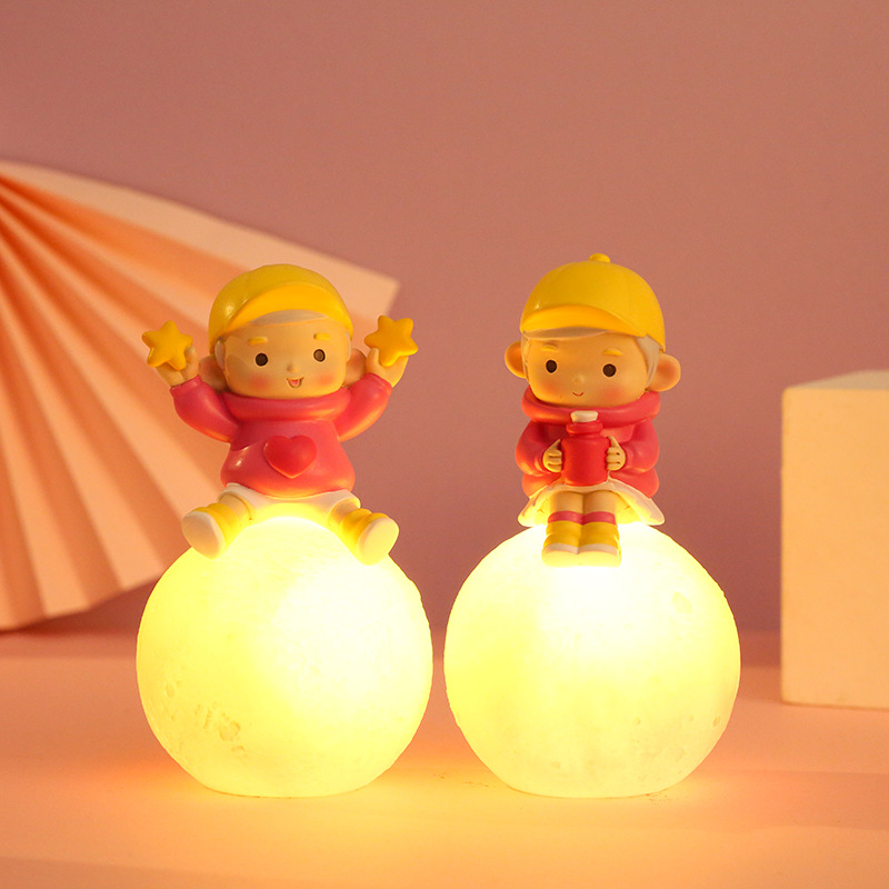 卡通情侣心心相印树脂迷你摆件儿童床头小夜灯车载书桌小摆件