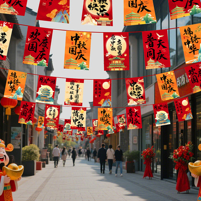 国庆中秋双节氛围装饰拉旗挂饰商场餐厅超市十一活动场景布置彩旗