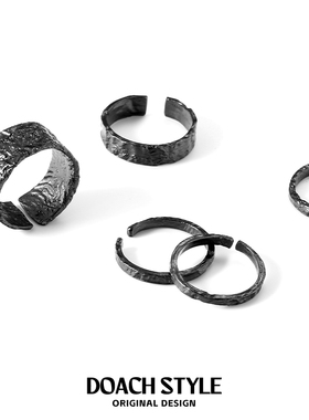 原创暗黑风锡箔肌理纯银戒指男女小众设计高级感黑色叠戴素圈指环