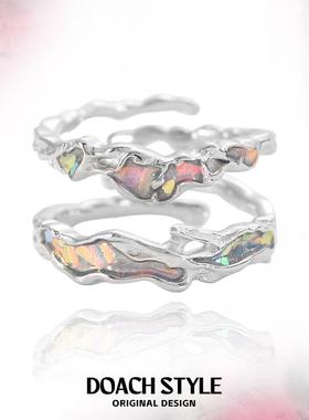 幻彩极光纯银戒指女小众设计冷淡风高级感开口情侣戒指新款食指戒