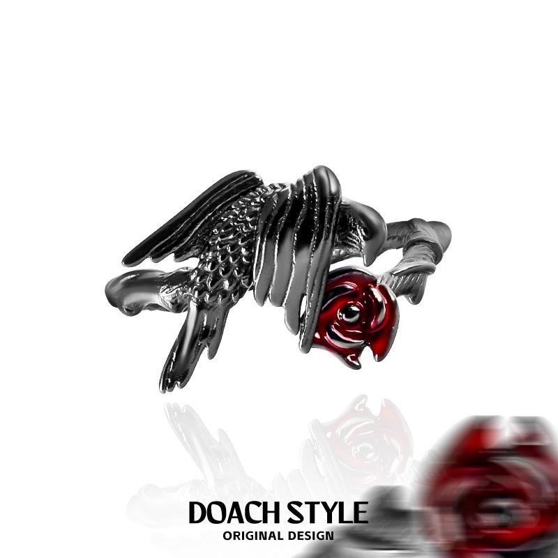 DOACH哥特风乌鸦红玫瑰纯银戒指