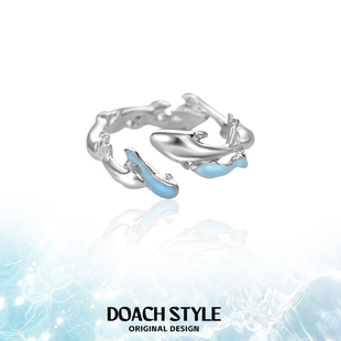 DOACH 原创925纯银鱼形戒指高级感不掉色指环蓝色小鱼开口食指戒