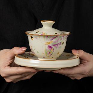 陶瓷汝窑盖碗茶杯高档精致三才盖碗家用泡茶碗大号功夫茶具不烫手