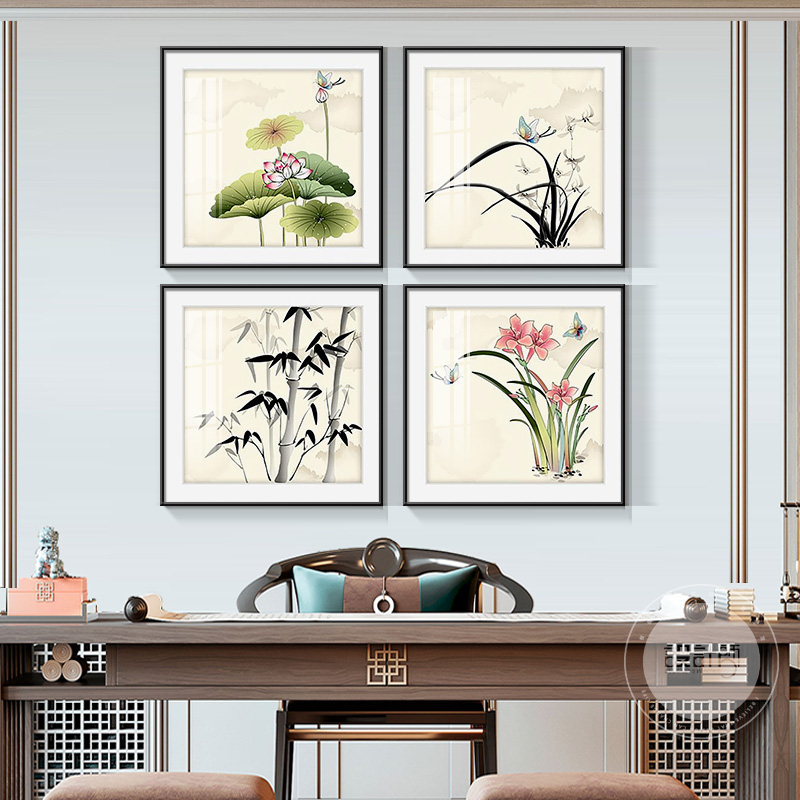 现货速发梅兰竹菊装饰画客厅沙发背景墙挂画茶室禅意新中式四联餐